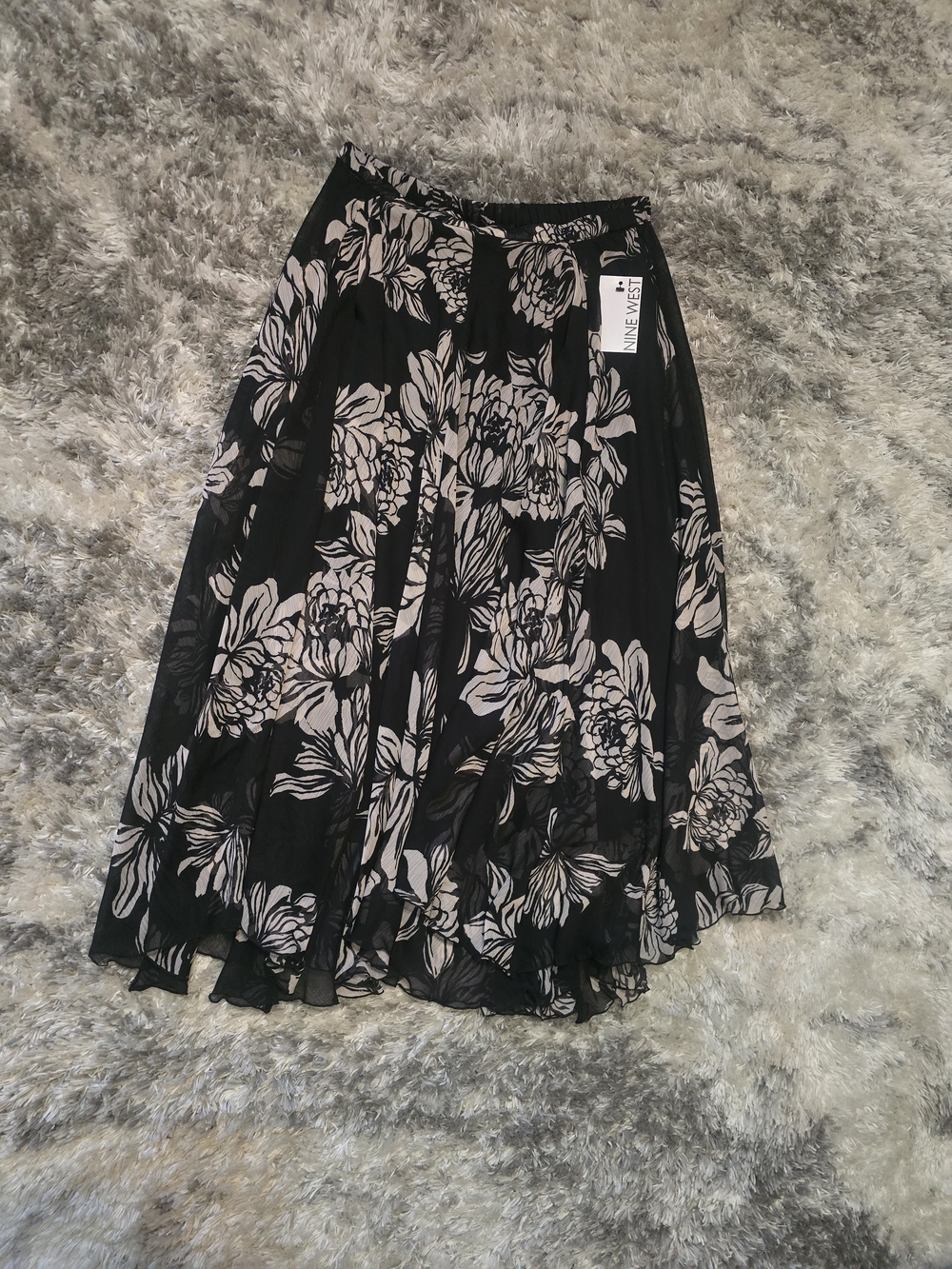 Nine West Black Midi Skirt with Sheer Floral Overlay